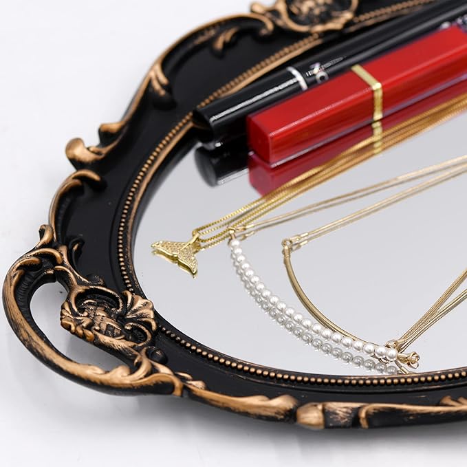 Funerom Vintage 14.5 x 10 inch Decorative Mirror Tray, Makeup Organizer, Jewelry Organizer, Serving Tray (Vintage Gold)