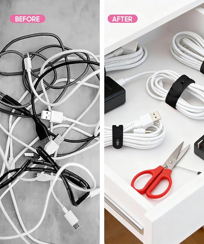 25Pack Silicone Cable Ties,Reusable Cord Organizer for Bundling Electrical Cords,Adjustable Data Cable Organizer Ties,High Elasticity Cable Straps for Home/Office/School/Travel(Black)