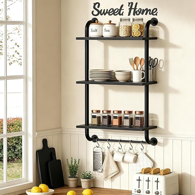 Tinpin Bathroom Shelves Wall Mounted, Rustic Farmhouse Pipe Shelves, Walls Shelf 3-Tier, Industrial Pipe Shelving, Floating Shelf Wall Decor for Bathroom, Kitchen, Bedroom, Living Room 17.3in Black