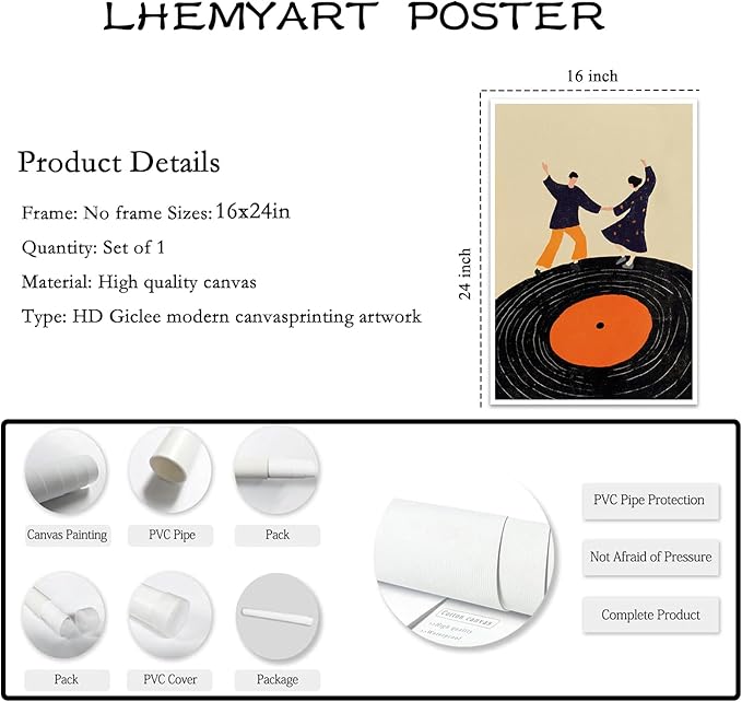 Retro Vinyl Record Canvas Wall Art Trendy Music Wall Art Music Dancing Couple Poster Funky Abstract Canvas Print Modern Pop Inspired Illustration for Home Bar Living Room Bedroom, 16x14inch Unframed