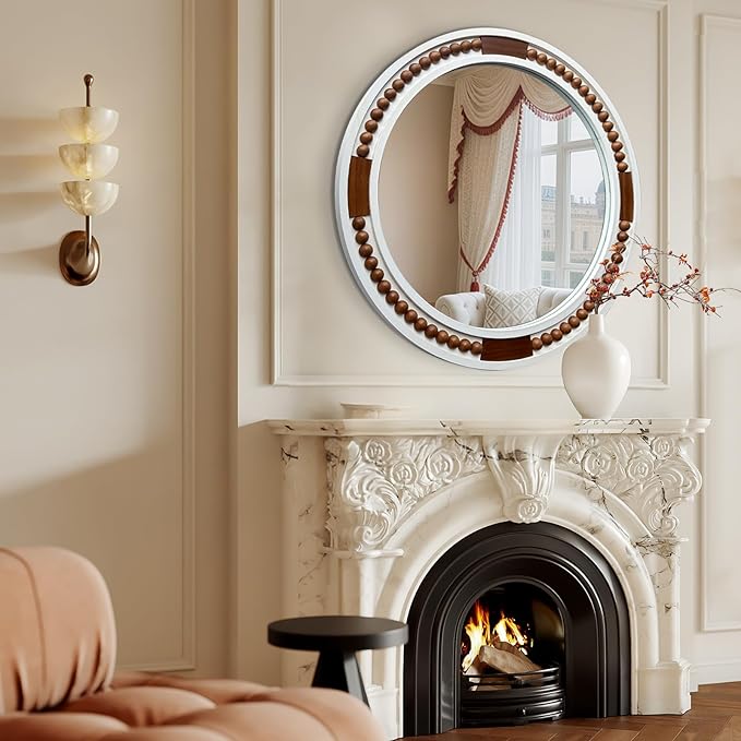 HQiJun 32 Inch Round Boho Wall Mirror, Large Rustic Coastal Wall Decor with White Wood Frame and Brown Bead Accents,Farmhouse Decorative Mirror for Entryway, Bedroom, Living Room