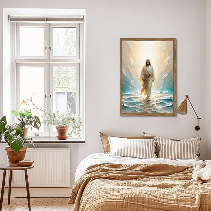 Jesus Walking On Water Wall Art, Framed 3D Textured Hand Drawn Sandstone Christian Wall Decor Painting Religious Savior Pictures for Living Prayer Room Bedroom 24x36 in Wood Framed