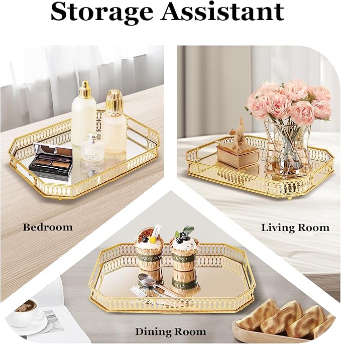 Perfume Tray, Vintage Glass Octagon Mirror Surface Tray Decorative Perfume and Makeup Organizer Gold Rectangular Mirrored Vanity Mirror Trays for Bathrooms Dining Tables Dressers