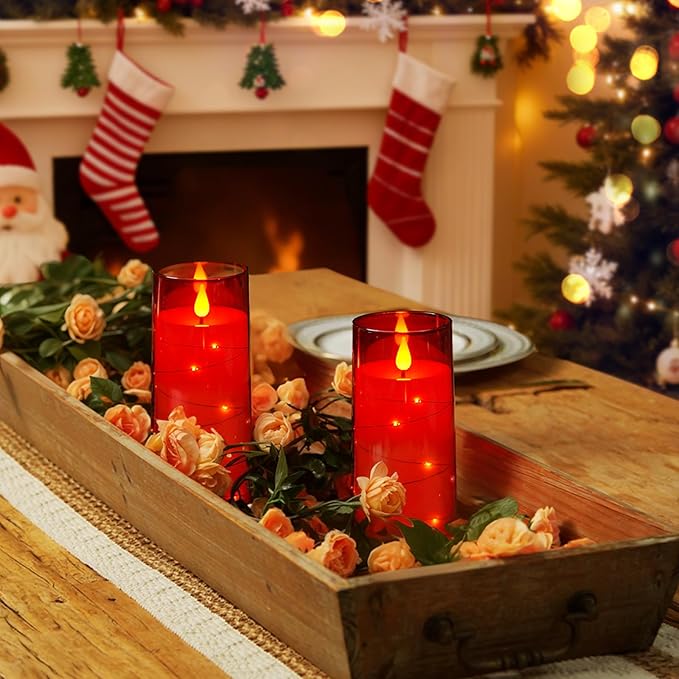 Homemory Flameless Candles with Embedded Star String Fairy Lights, Battery Operated Candles, LED Candle, Fake Candles with Remote Control and Timer, Red, Set of 2(H 6" 6")