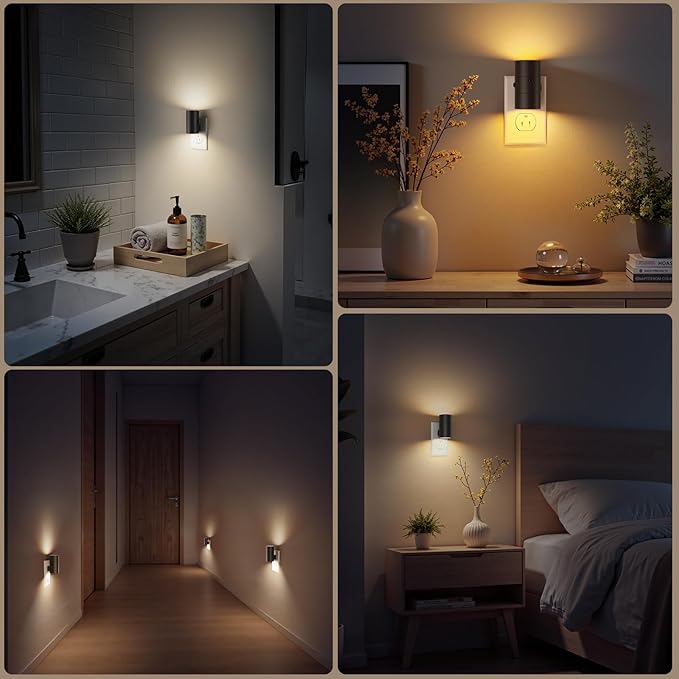 VOLISUN Night Light, Dimmable Led Night Lights Plug into Wall, Amber/3000K/4500K, 0-100LM Adjustable Brightness, Dusk to Dawn Nightlight for Hallway, Bathroom, Bedroom Black 2 Pack