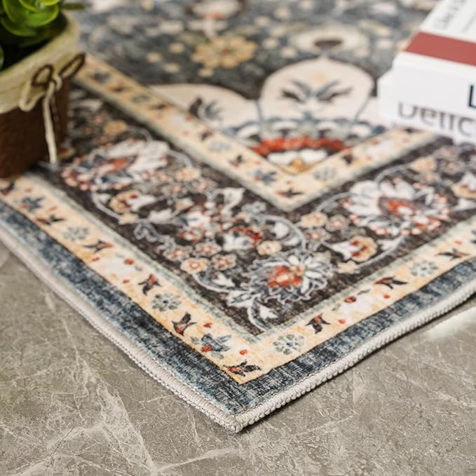 Washable Oriental Area Rug - 2x3 Rugs for Living Room Soft Carpet for Bedroom Waterproof Floral Distressed Indoor Stain Resistant Non-Shedding Floor Carpets (Blue, 2x3)