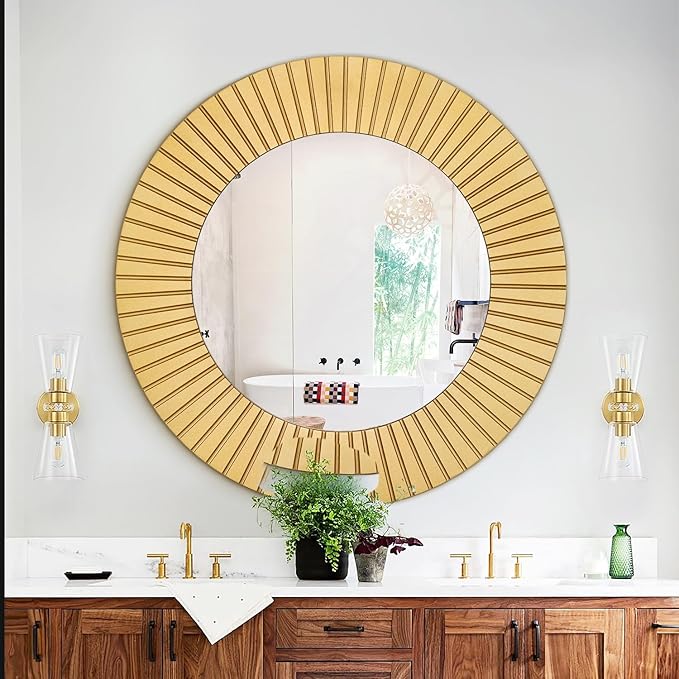 Chende 42'' Round Gold Mirror for Living Room, Large Decorative Mirror for Wall with Wood Frame, Elegant Accent Gold Mirrors for Bathroom, Entryway, Bedroom
