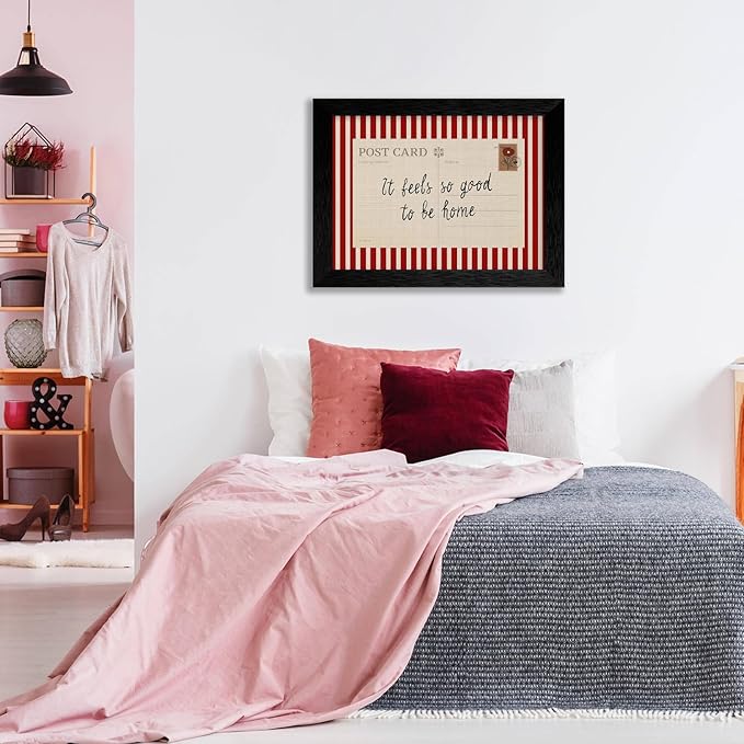 Red Vintage Postcard Poster 08x10 inch Black Framed It Feels So Good To Be Home Quote Wall Art Mid Century Modern Striped Canvas Prints for Living Room Bedroom Wall Decor