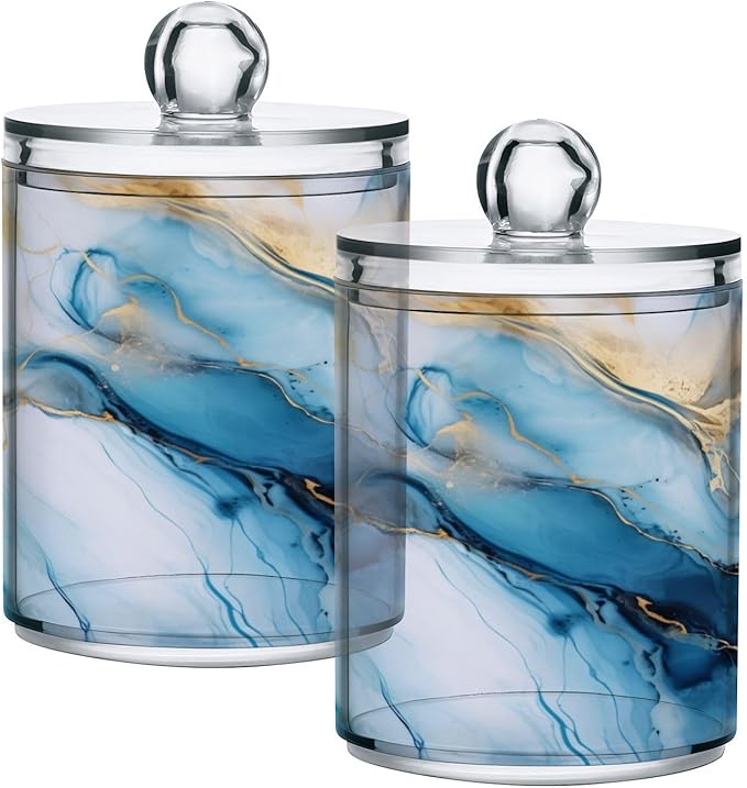 4 Pack Qtip Holder Dispenser Gold Marble Blue Fluid Marble Cotton Ball Swab Round Pads Floss Clear Bathroom Storage Containers Plastic Apothecary Jars with Lids