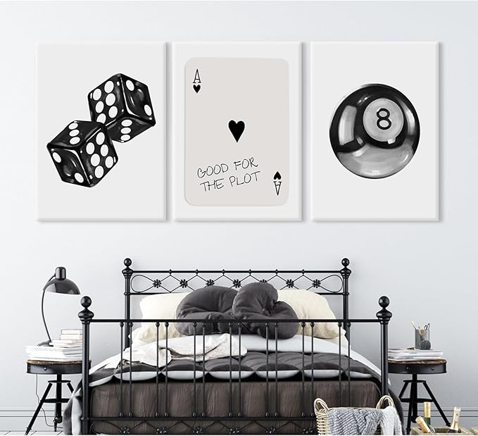Black White Aesthetic Wall Art Decor 8 Ball Canvas Poster Y2k Cool Dice Pictures Black White Room Decor Trendy Poker Poster Prints Retro Painting Artwork for Apartment Dorm 12x16x3 Inch Ready to Hang