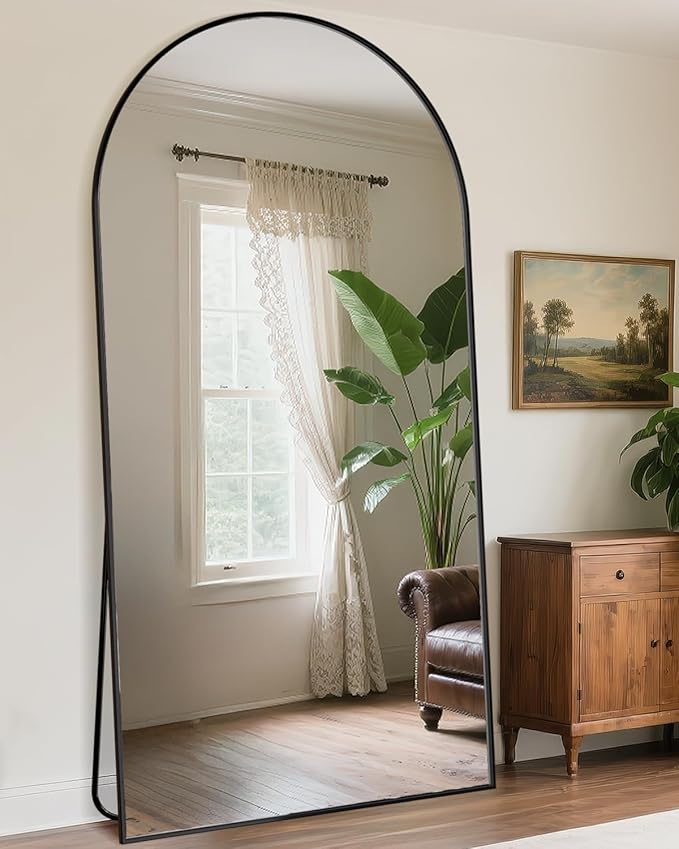 Antok Full Length Mirror, 46"x86" Floor Mirror with Stand, Hanging Mounted Mirrors for Bedroom, Living Room, Cloakroom, Dining Room, Black, Arched