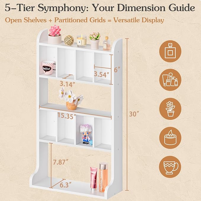Keebofly Perfume Organizer Wall Mount & Large Cologne Display Case - Wooden Multi-Tier Trinket Shelf for Fragrances, Collectibles, Figures, Miniatures, Cosmetics and Shot Glasses, White