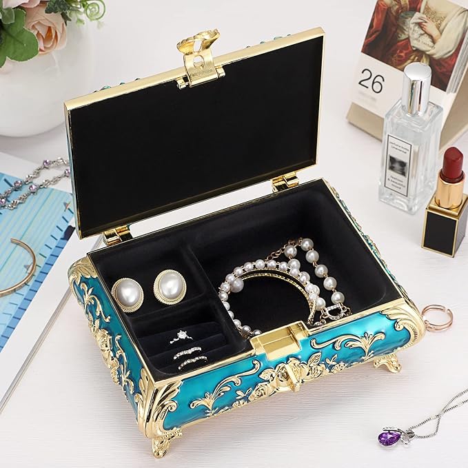 Hipiwe Metal Decorative Jewelry Box Vintage Treasure Chest Case Ornate Trinket Organizer Earrings Necklace Bracelet Storage Box Ring Holder Keepsake Box for Women