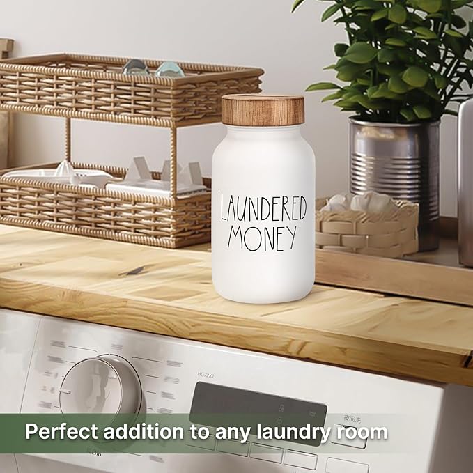 Laundry Room Decor & Organization - Premium Matte White Glass Coin Bank with Wood Lid - Rustic Farmhouse Money Jar for Loose Change - Funny Laundered Money Tip Jar & Shelf Accessories