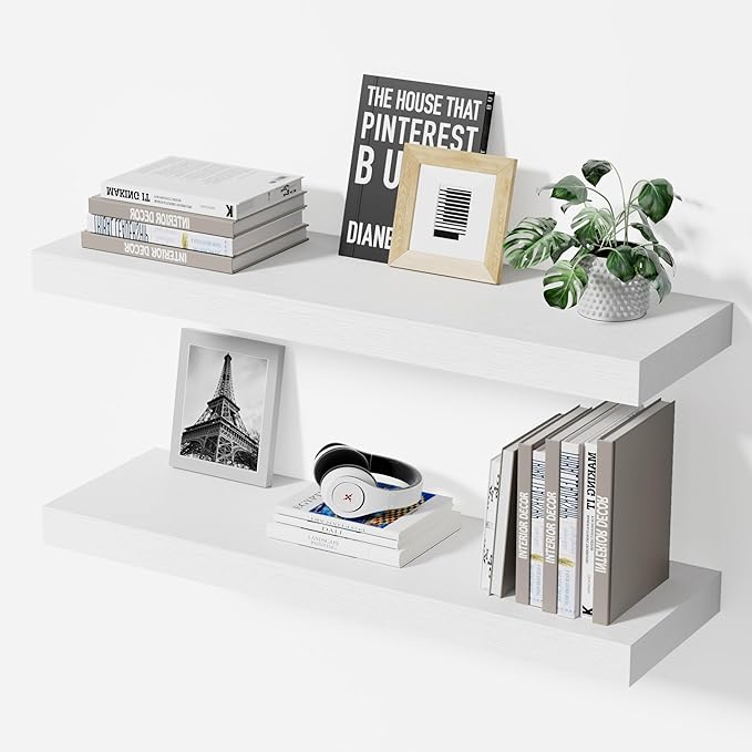 Floating Shelves for Wall, 24" Wall Mounted Shelves, Modern Decor & Storage for Bathroom, Bedroom, Kitchen, Living Room, with Invisible Brackets, Set of 2, White