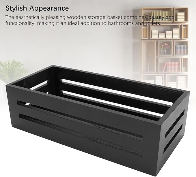 Asixxsix Wooden Storage Basket, 13 X 5.9 X 3.9in Multifunctional Storage Box, Space Saving, Decorative Farmhouse Wooden Crate for Bathroom Bedroom Pantry Toilet Paper (Black)