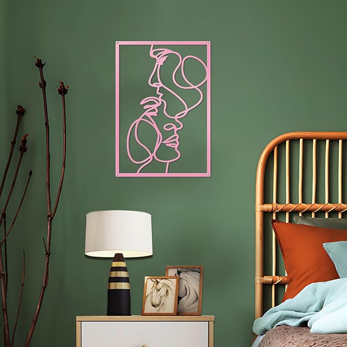 ESTART 3 Pieces Metal Minimalist Line Wall Art, Valentine's Day Lover Kiss Hand Metal Wall Decor, Aesthetic Modern Home Hanging Wall Art Decor for Bedroom Living Room (Pink)