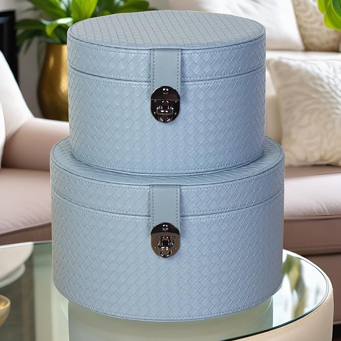 Set of 2 Round Blue Artificial Leather Decorative Boxes with Black Decorative Buckle for Home Decor