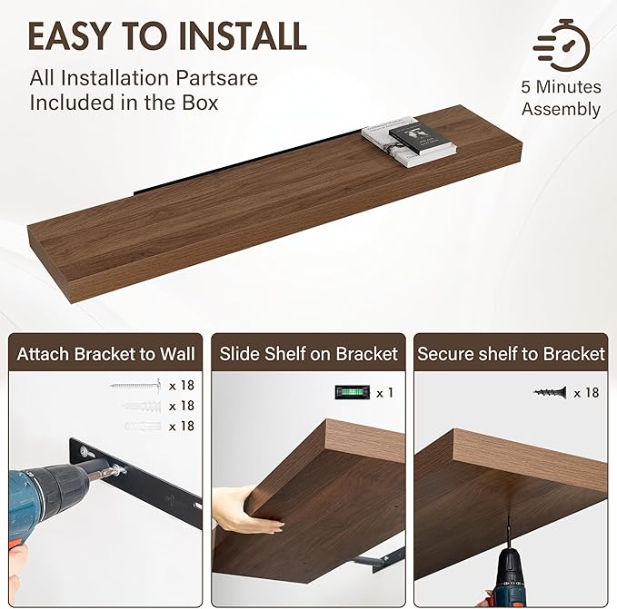 Acovy 55 Inch Floating Shelves, 12" Deep Floating Shelf Wall Mounted, 55" Wall Shelves, Rustic Deep Bookshelf, Extra Deeper & Thicker Display Shelves for Bedroom, Living Room, Walnut, Set of 2