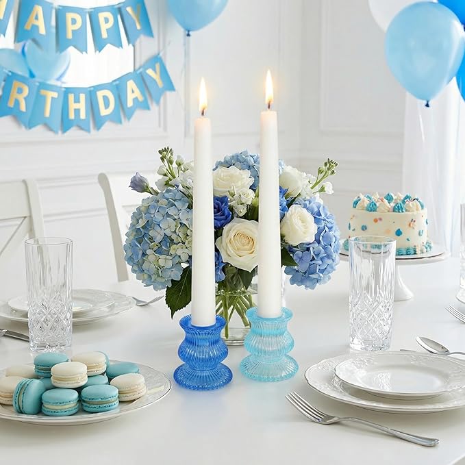 Blue Candlestick Holders 12 Pcs, Ribbed Taper Candle Holders for Table Centerpieces, Vintage Glass Candle Holders Bulk for Wedding, Birthday, Baby Shower Decoration