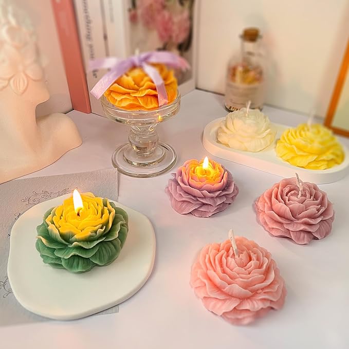 Turquoise Green Peony Flower Shape Candles for Women Friends Colleague Classmates Gift, 3 Inch Pastel Aesthetic Jasmine Scented Candle