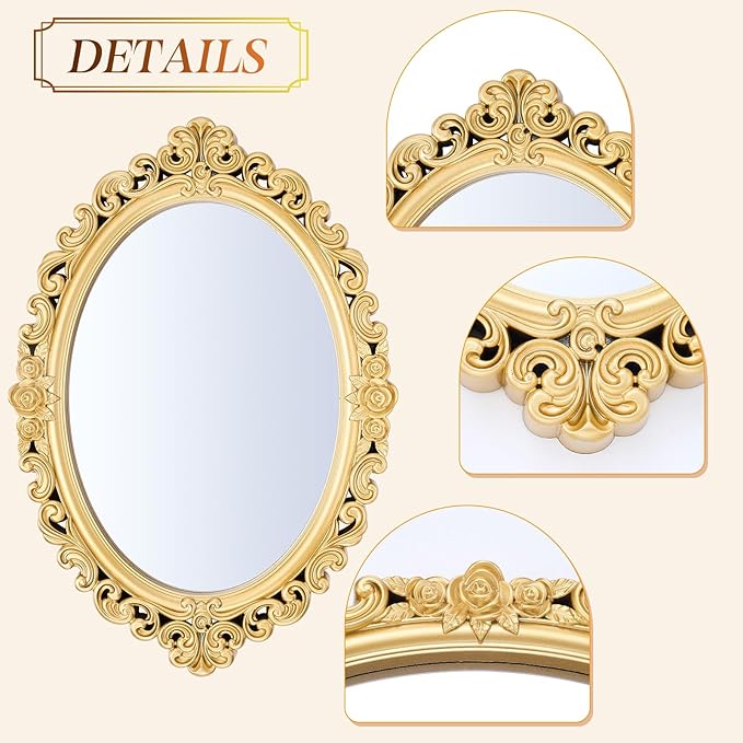 Beeveer 1 Style Vintage Mirrors Set Decorative Oval Wall Mirror Small Antique Mirrored Tray Decorative Hanging Mirror for Bathroom Bedroom Jewelry Organizer Victorian Decor (Oval,Gold)