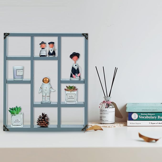 17.7x15.7-Inch Shadow Box Shelf 9-Slot Rustic Floating Shelves Larger Wall Mounted Shelf Lightweight Solid Wood Display Shelf Freestanding Farmhouse Shelf (9C-Dark Gray)