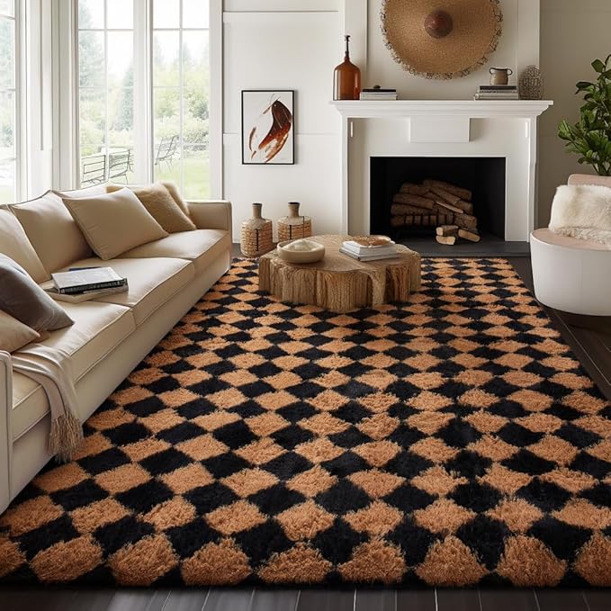 Ophanie Black & Beige Diamond Checkered Rugs for Living Room Bedroom, Large Rhombus Fluffy Soft Fuzzy Area Rugs, Plush Shaggy Bedside Floor 8x10 Carpet for Kids Baby Teen Dorm Home Decor Aesthetic