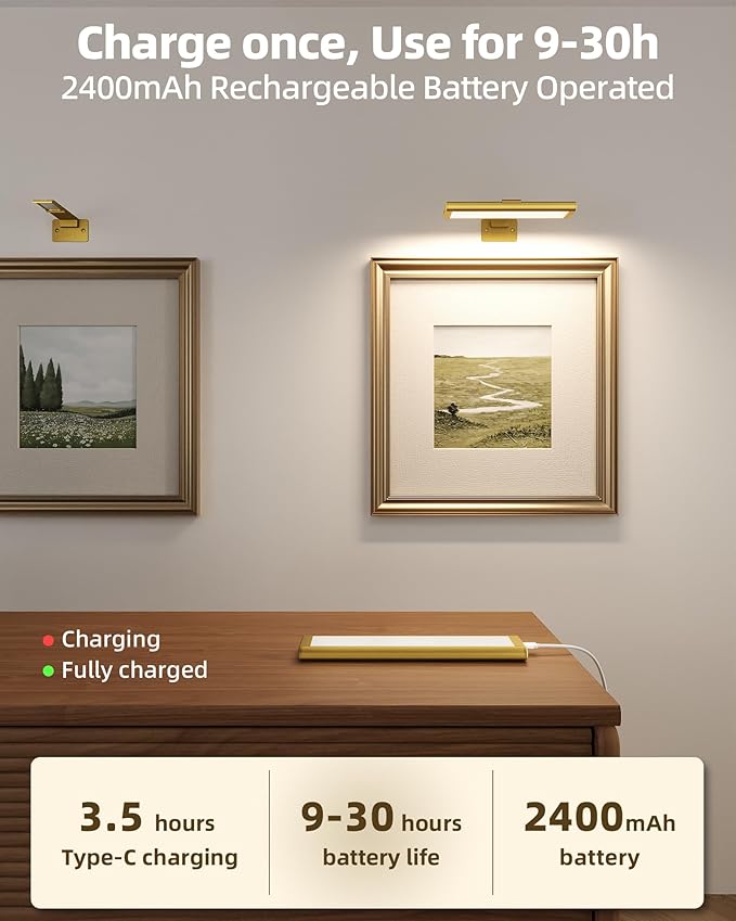 EZVALO Picture Light for Wall, Rechargeable 2400mAh Battery Lights Wireless with IR Remote, 3 Color & Dimmable Magnetic 7.87'' LED Lights Display for Painting, Living Room, Gallery, Bedroom(Gold-2P)