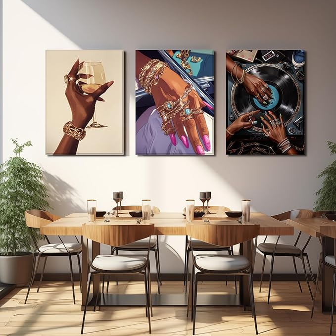 YFvrPt Black Woman Wall Art Set of 3, Trendy African American Women Wall Decor Black Girl Song Lover Canvas Poster Prints Aesthetic Pictures for Bedroom Living Room Framed 12x16 inch