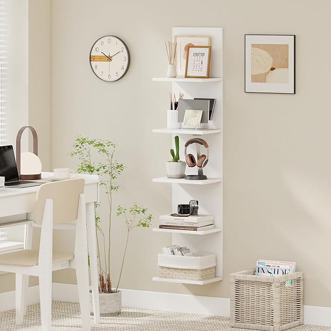 Giantex 5 Tier Wall Shelf Unit, Narrow Vertical Floating Shelves for Home Decoration and Storage Organizer, Lack Wall Shelf, Wall Mounted Display Shelves for Bedroom, Living Room, Bathroom, White