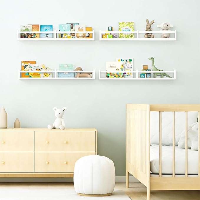 Fixwal Nursery Book Shelves, 32 Inch Floating Bookshelves for Wall Set of 4, Baby Nursery & Playroom Decor, Solid Wood Wall Mounted Shelves for Books and Toys Storage (White)