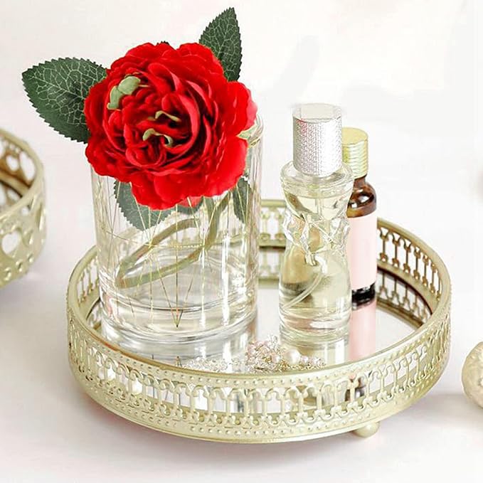 Gold Mirror Makeup Tray, Mirrored Vanity Tray Round Metal Vanity Counter Organizer for Bathroom Counter Home Decor