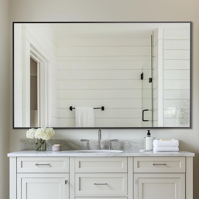 Antok 60x36 Black Metal Framed Bathroom Mirror, Wall Mirror with Rect Corners, Vanity Mirror for Over Sink, Anti-Rust Tempered Glass, Horizontal/Vertical Hanging for Bathroom, Living Room, Entryway