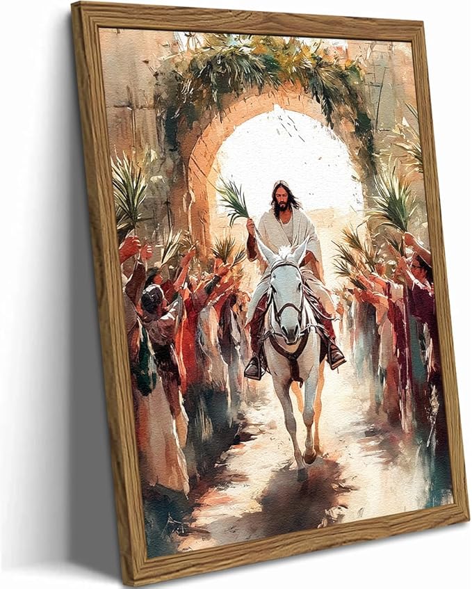 Jesus Triumph Wall Art Spiritual Jesus Palm Sunday Wall Decor Painting Christian Triumphal Religious Artwork 3D Textured Hand Drawn Sandstone for Bedroom Living Prayer Room 16x24 inch Wood Framed