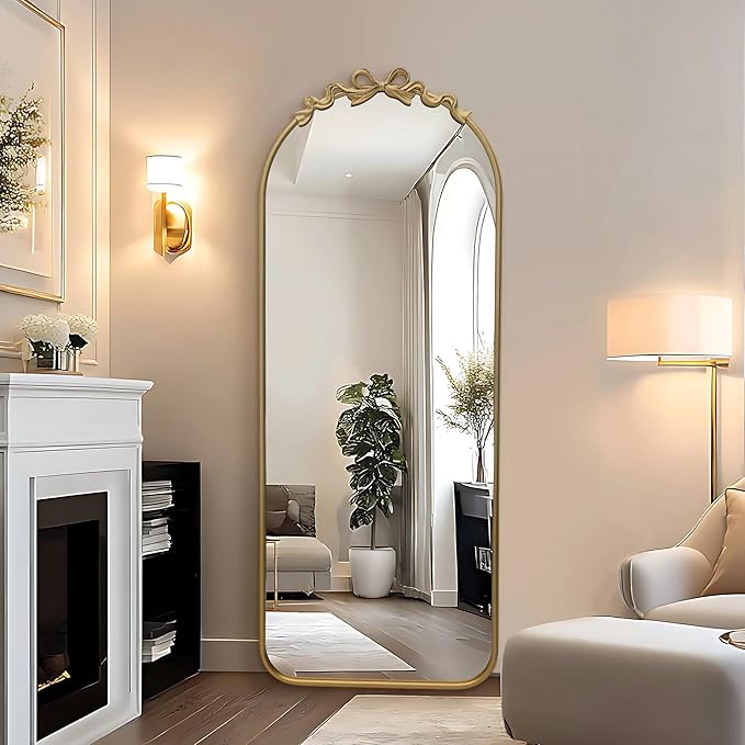 Besdomus Arched Mirror Full Length: 21"x56" Bow Gold Arch Floor Mirror - Antique Baroque Traditional Ornate Standing Mirror for Entryway/Cloakroom/Bedroom - Home Decor for Fashion-Conscious