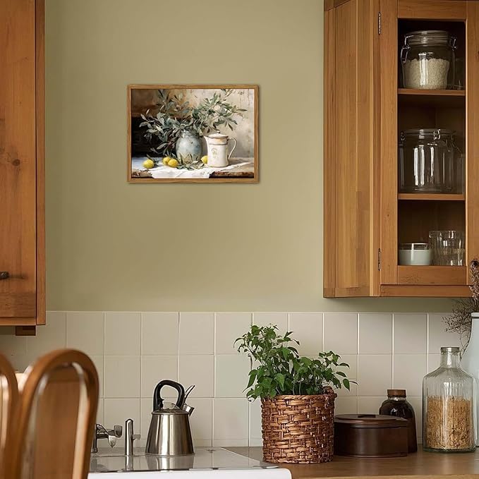 Framed Vintage Kitchen Wall Art, Rustic Yellow Lemon Still Life Pictures Wall Decor, Country Botanical Paintings Canvas Prints Farmhouse Home Decor for Dining Room Living Room 12x16 inch