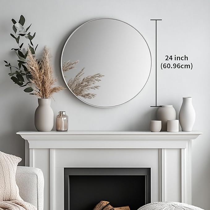 Oruii Silver Round Mirror, Silver Round Mirror 24 inch, Circle Bathroom Mirrors Metal Frame, Nickel Circle Mirrors for Wall, Over Sink, Bathroom, Living Room, Vanity, Chrome