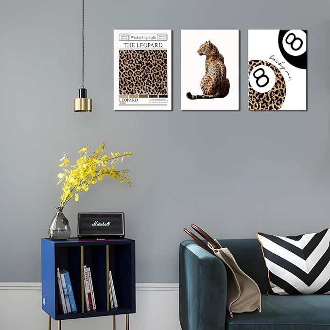 Set of 3 Trendy Leopard Canvas Wall Art Funky Lucky 8 Ball Posters Prints Preppy Room Aesthetic Cheetah Wall Decor Pictures for Girly Bedroom Apartment Dorm 12x16in