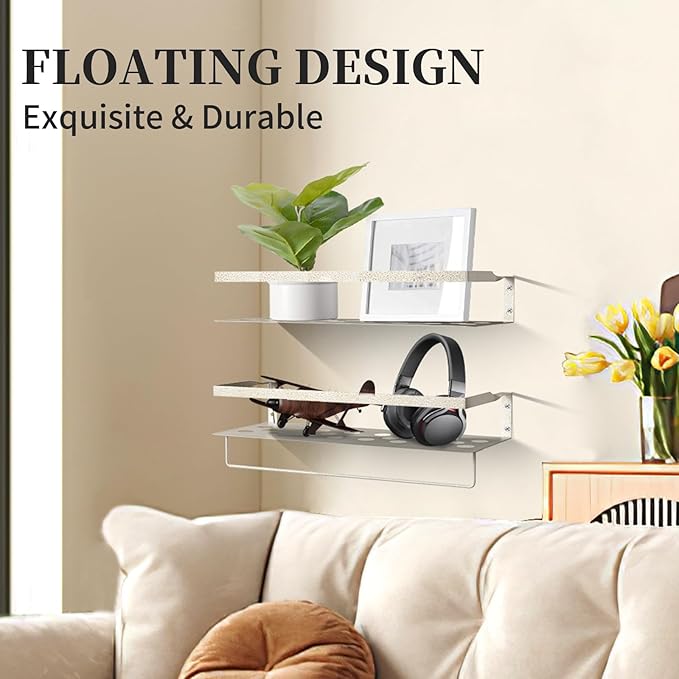 Uten Floating Shelves, Wall Mounted Iron Shelves Set of 2, Bathroom Storage Iron Shelves with Towel Rack, Wall Hanging Organizer Decor Shelf for Bathroom, Kitchen, Bedroom, Living Room