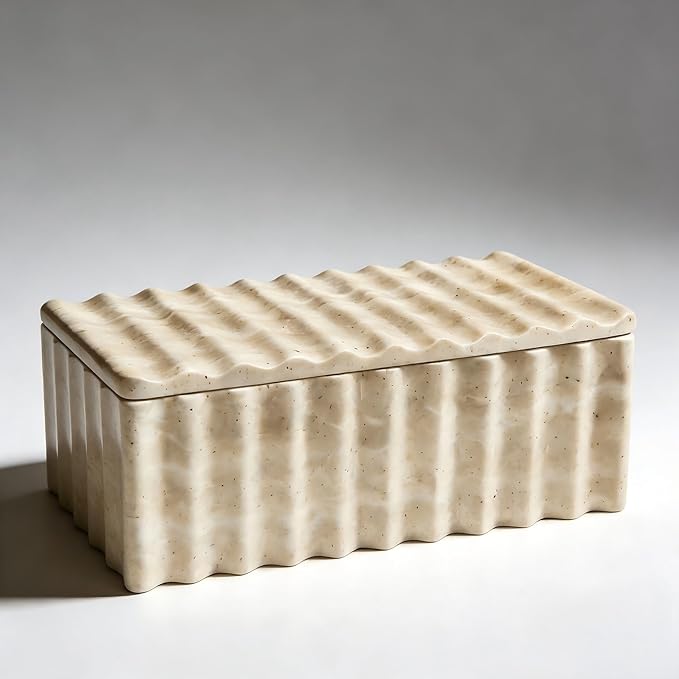 Natural Stone Storage Box with Wave Pattern, Decorative Organizer for Makeup, Jewelry, Perfume, Bathroom Vanity (Beige)