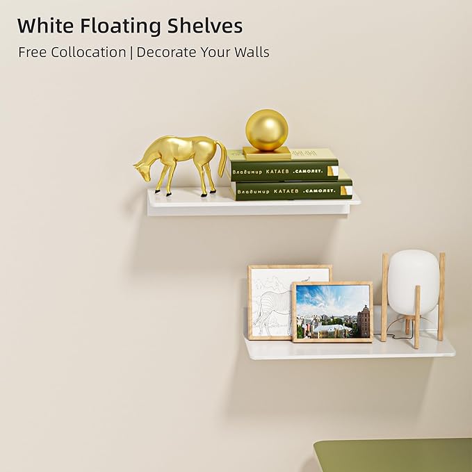 HNVNER Glossy White Metal Floating Shelf 2-Piece Set, Adhesive Wall Shelves in Thickened Aluminium Wall Mounted Shower Caddy, Ideal for Display & Storage in Living Room, Bedroom, Bathroom (11.7")