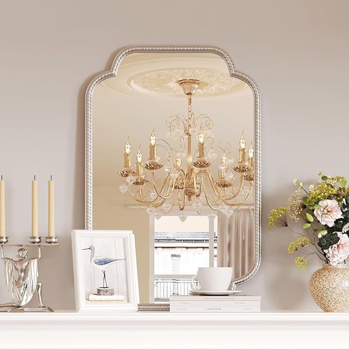 Uniclinens Silver Scalloped Mirror Wall Decor - Large Decorative Wall Mirror 36"X24" with Vintage Baroque Metal Frame, Ideal for Entryway, Fireplace, Living Room, Hallway, Bathroom