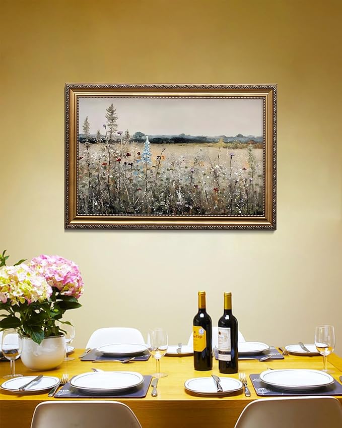 KBKBART Vintage Framed Wall Art for Living Room, French Wildflowers Field Posters Farmhouse Decor, Neutral Country Meadow Landscape Wall Art for Room Decor Aesthetic, Gold Framed Vintage Oil Painting Canvas Artwork Botanical Art Print, 16''x24'