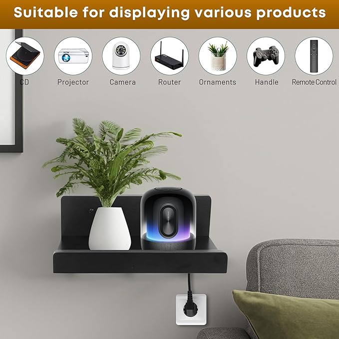 Floating Wall Shelves Set of 2, 12-Inch Solid Wood Shelves with Cable Holes, Small Display Shelf for Router, Webcam, Smart Speaker, Camera – Black