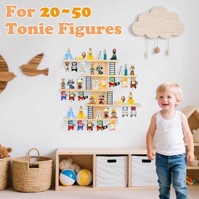 Taladad for Tonie Shelf,Tonies Storage for Creative Tonies Magnetic Wall Shelf for Tonie Figures,12-35 Characters,Wooden Hanging Shelf for Kids (Natural)