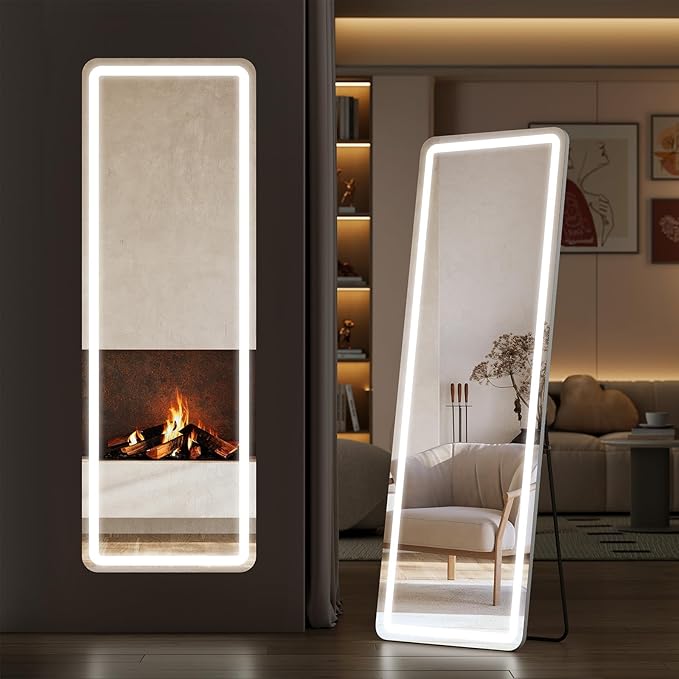 Sweetcrispy LED Full Length Mirror with Stand, 60"x16" Lighted Floor Body Mirror with Dimming & 3 Color Lighting, Hanging or Leaning, Floor Standing for Bedroom, Dressing Room