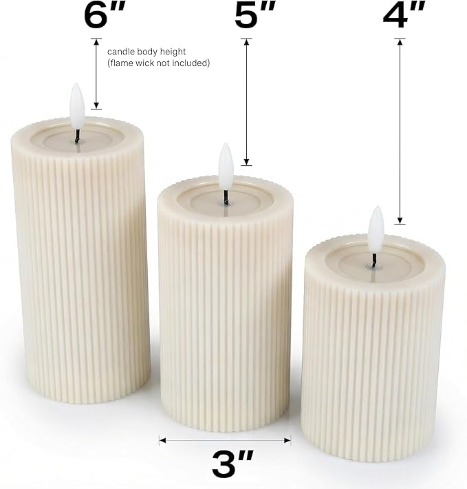 Fluted Ribbed LED Pillar Candles, Cream Beige, with Reflective Melted-Wax Effect – Flickering Flame, Remote, Dimmable, Flameless, Battery Operated, Home & Wedding Decor (Set of 3)