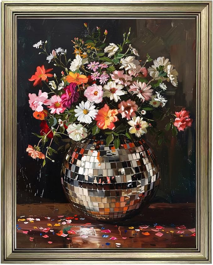 Disco Ball Wall Decor, Retro Eclectic Wall Art, Vintage Framed Colorful Moody Florals Painting, Maximalist Funky Flowers Bouquet Print Artwork