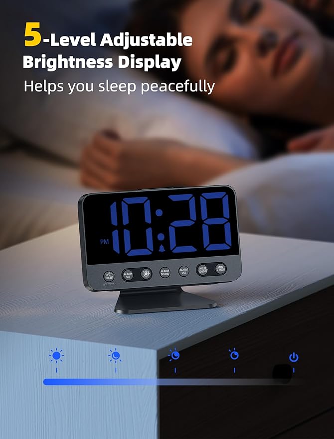Odokee Digital Alarm Clocks for Bedrooms: Large Bold Number 5 Brightness Dimmer - Easy to Read Across The Room - 5 Alarm Sound 8 Night Light - Black
